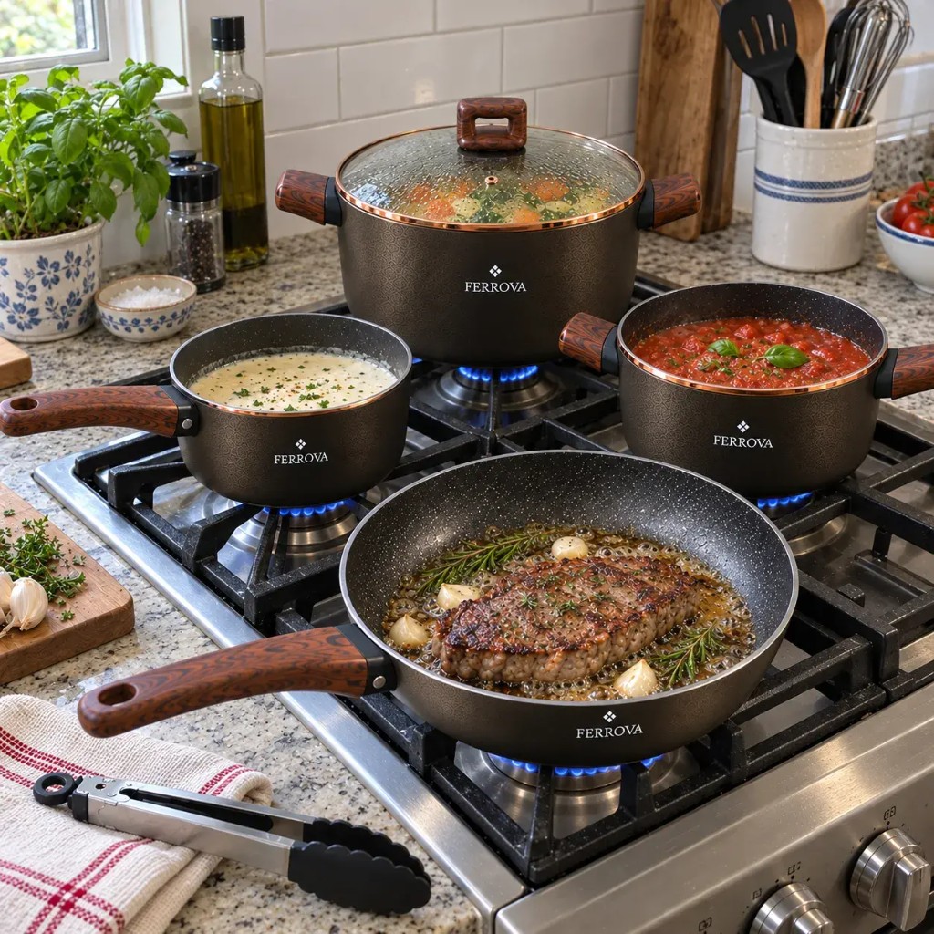 Il set in uso sui fornelli durante la preparazione dei piatti