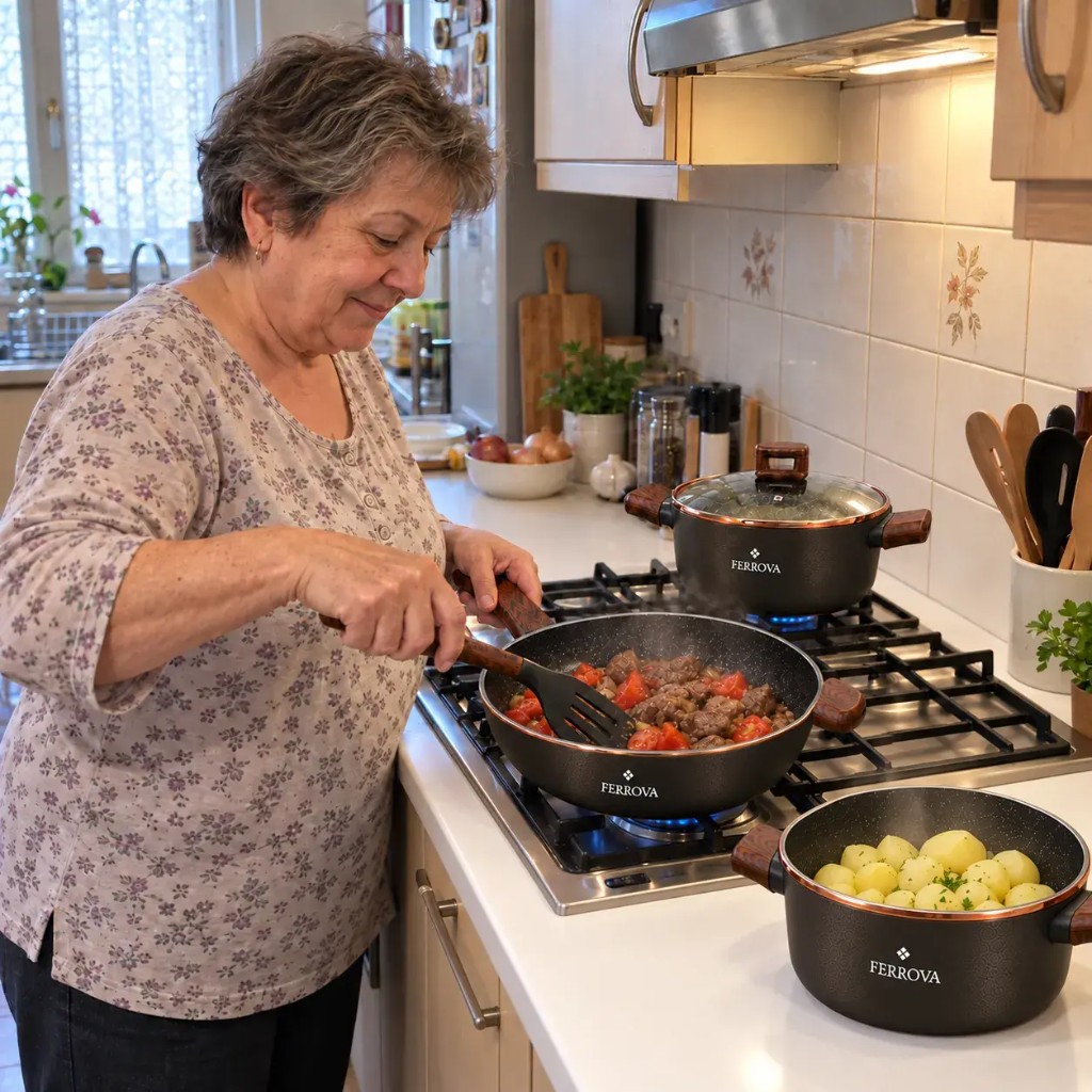 Cottura quotidiana con il set di pentole in cucina